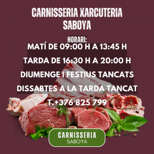 També som especialistes en Carn de vedella d’Andorra què és una marca de Ramaders d'Andorra S.A. La nostra especialitat són els productes d'elaboració artesanal, de producció pròpia com a hamburgueses 100% de vedella, les hamburgueses de pollastre de la Seu, les mandonguilles de porc i de vedella fetes només amb sal, pebre, ou i pa ratllat En aquesta carnisseria podràs trobar a la venda carn d’Andorra, vedella de Catalunya amb denominació d’origen, “Chuletones” de bou, bé de llet d’Andorra i bé de la Seu d’Urgell i cabrit A Andorra tenim la sort de seguir una de les millors dietes, la dieta Mediterrània, que inclou la carn com a element de salut per què ens aporta ferro, zinc, vitamina B i aminoàcids essencials. La Prudencia Los jamones, paletas y embutidos son curados en nuestros secaderos y bodegas naturales a más de 1.100 m. de altitud, en plena sierra. Y es precisamente el clima y las condiciones geográficas de nuestra sierra, junto con el bajo contenido en sal de nuestros productos, elementos fundamentales del proceso. CARNISSERIA SABOYA Andorra la Vella - Av. Princep Benlloch, 14 (+376) 825 799 carnesaboya@andorra.ad Amb anys d'experiència a Andorra la nostra prioritat és oferir les millors carns del mercat, amb el millor servei a un preu raonable, i amb la major atenció al client Amb anys d'experiència a Andorra la nostra prioritat és oferir les millors carns del mercat, amb el millor servei a un preu raonable, i amb l'atenció més gran al client. A carnisseria Saboya podràs trobar a la venda carn de Vedella d'Andorra vedella certificada de Catalunya amb denominació d'origen bou de l'Ariège Xai de l'Alt Urgell